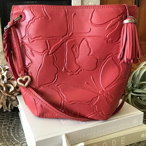 POPULAR 🔥BRIGHTON RED LEATHER BUTTERFLIES BOHO BAG - Picture 1 of 16